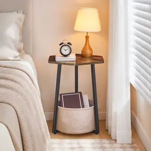 MAHANCRIS Hexagonal End Table, Small Side Table with Fabric Basket, Modern Nightstand, Bedside Table, Coffee Tables for Living Room, Bedroom, Rustic Brown