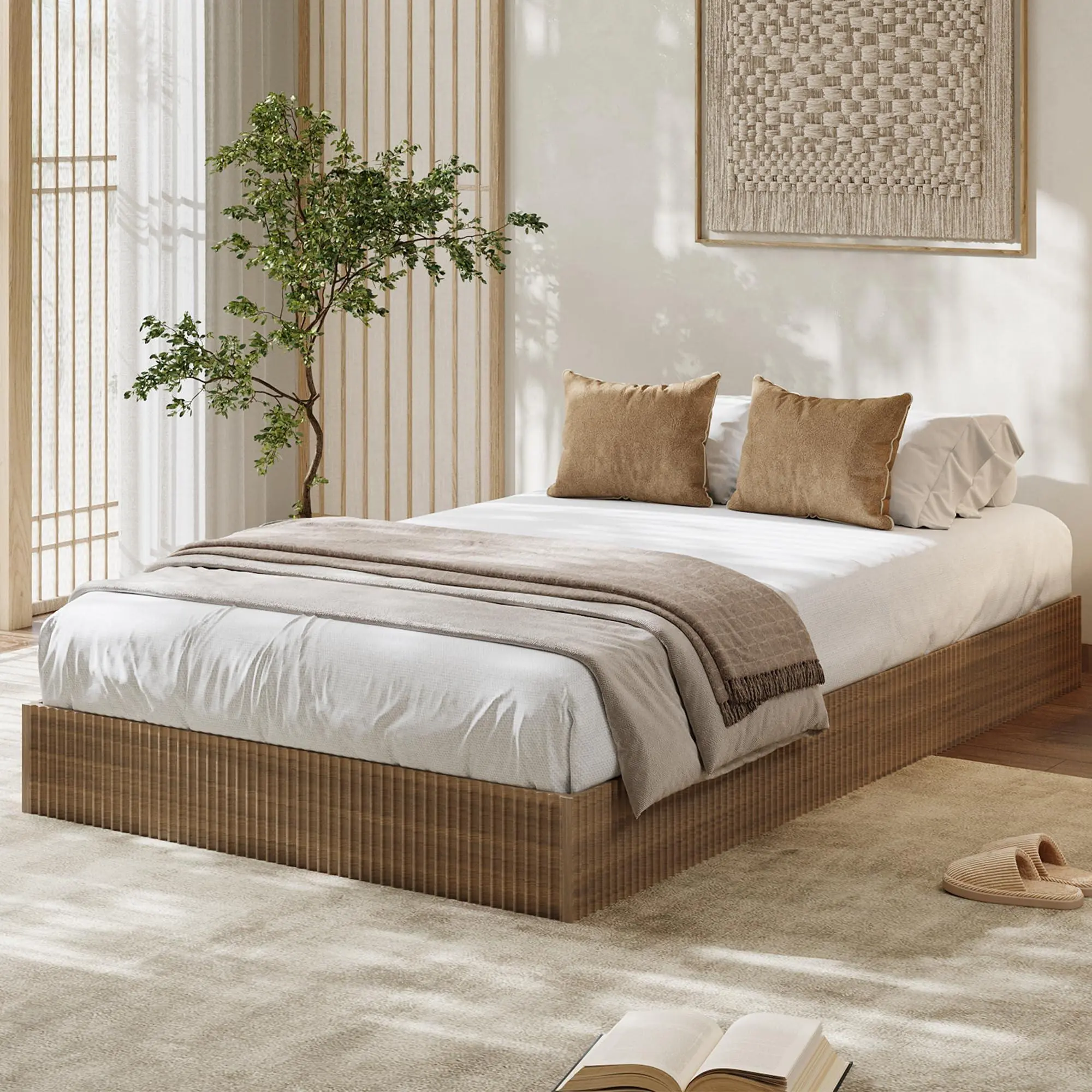 Garvee Twin-XL Size Walnut Bed Frame, Wood Platform Bed with Fluted Design, Low Profile BedFrame, Minimalist Bed Base with Noise-Free, Easy Assembly, No Box Spring Needed