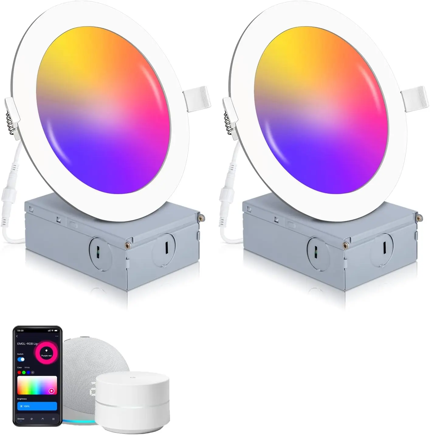 Modern Smart Recessed Lighting 2-Pack, 4/6 Inch Ultra-Thin 9W 850LM LED Downlights with Junction Box, Stable Connection, Alexa/Google Assistant Compatible, ETL & Energy Star Certified