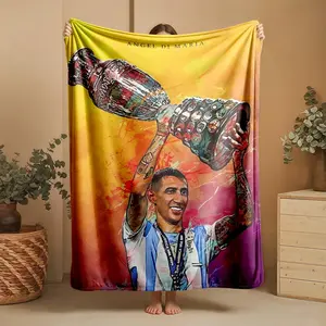 1 piece Angel Di Maria lifted the Copa America trophy. themed flannel blanket - Super soft fluffy flannel sofa blanket, suitable for beds and sofas, all-season use, modern design, digital printing, 100% polyester material, machine washable