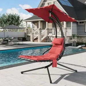 Outdoor Hanging Curved Steel Chaise Lounge Chair Curved Steel Hammock Lounger Chairs Swing with Pillow and Removable Canopy