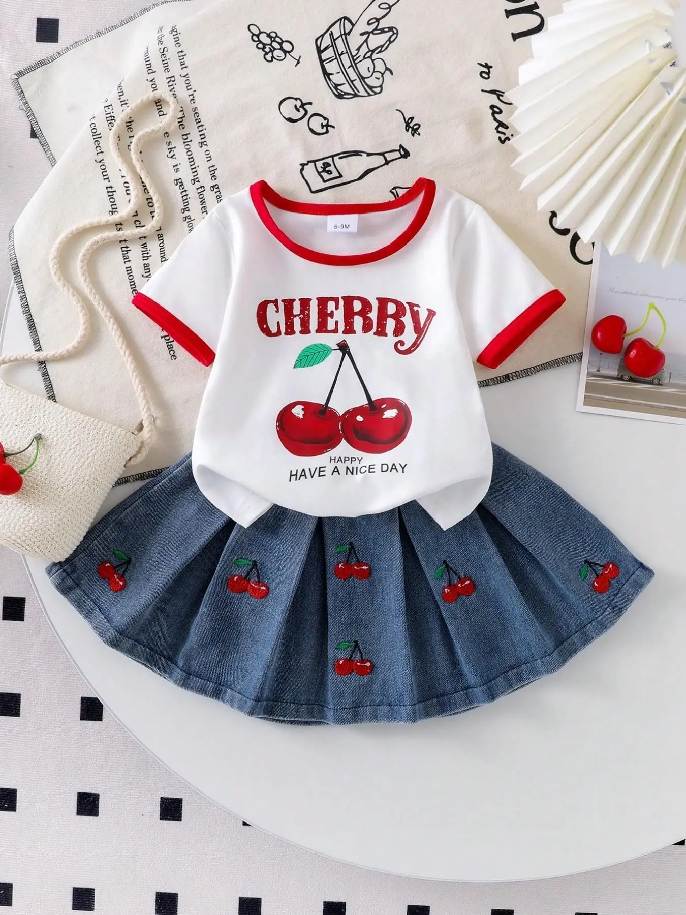 Girls' 2-Piece Set, Letter Cherry Print Short Sleeve T-Shirt and Pleated Jean Skirt, Cute for Kids, Fashionable Clothing