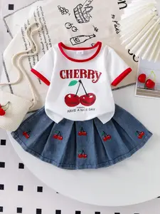 Girls' 2-Piece Set, Letter Cherry Print Short Sleeve T-Shirt and Pleated Jean Skirt, Cute for Kids, Fashionable Clothing