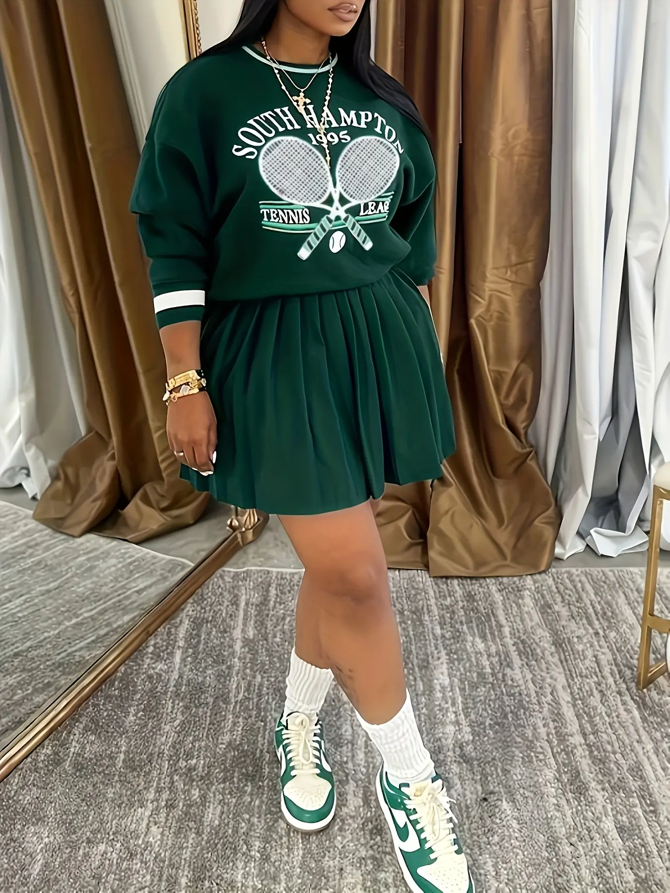 MOTIONKILLER Women's Printed 2-Piece Skirt Set, Long Sleeve Round Neck Sweatshirt and Pleated Skirt, Polyester Blend for Casual Daily Wear, Crew Neck