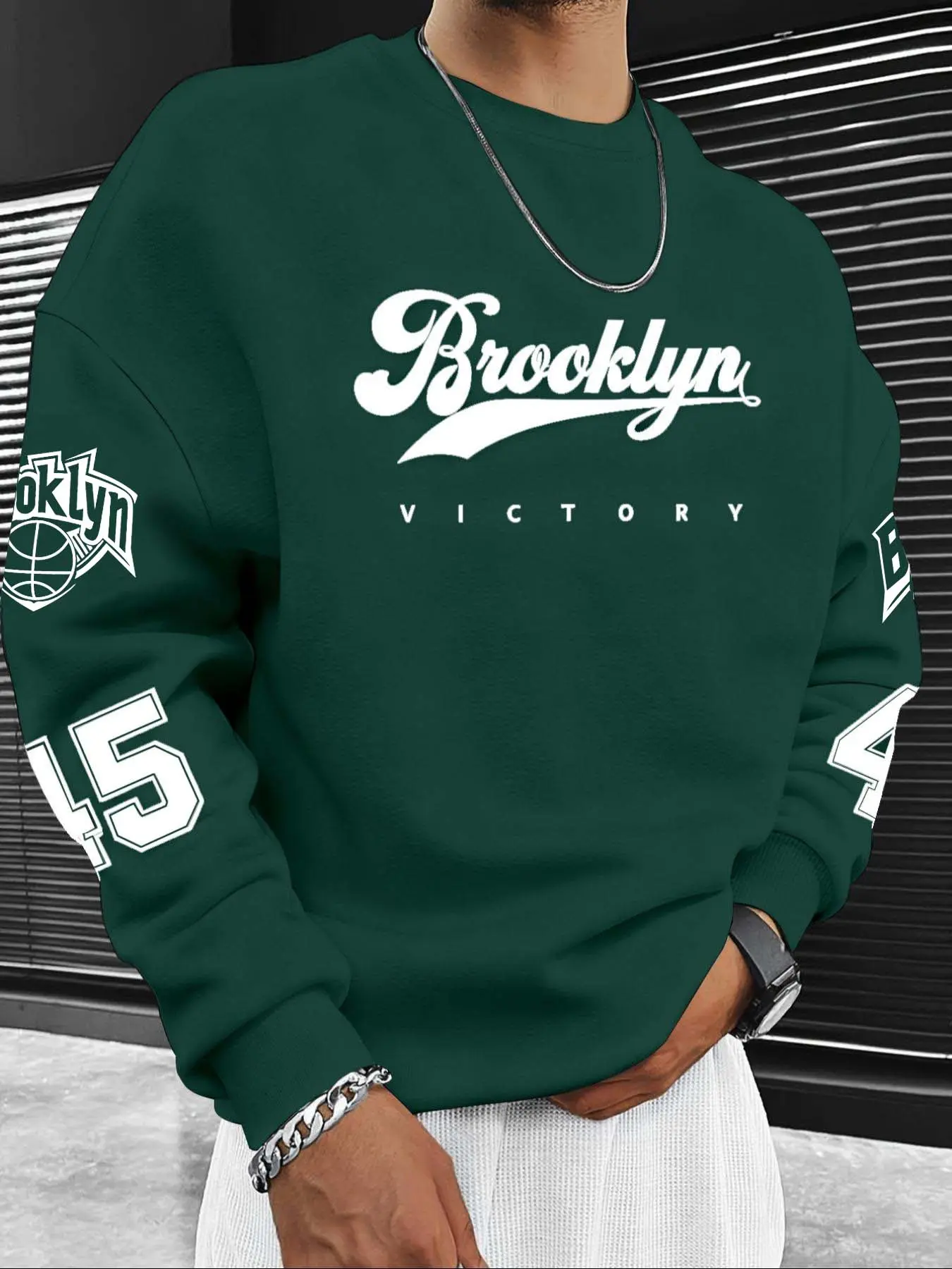 Men's Letter and Number Print Fleece Long Sleeve Pullover Sweatshirt, Casual Classic Aesthetic Thick Fabric Fitted Round Neck Top for Fall & Winter, Apparel