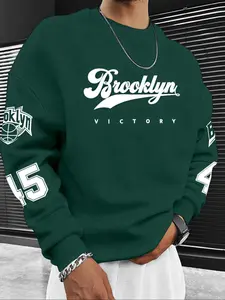 Men's Hot Selling Letter Number Print Fleece Pullover Sweatshirt, Casual Fall & Winter Round Neck Top, Thick Fabric, Fitted Style