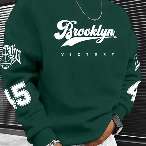 Men's Letter and Number Print Fleece Long Sleeve Pullover Sweatshirt, Casual Warm Sweatshirt, Fleece Sweatshirts, Casual Classic Aesthetic Thick Fabric Fitted Round Neck Top for Fall & Winter, Apparel