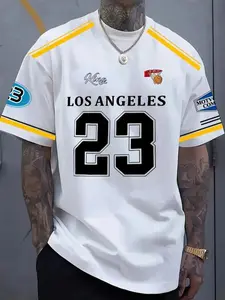 Men's Los Angeles Basketball Jersey, Casual 3D Print Round Neck T-Shirt, Elastic Polyester Fabric, Summer Sports Wear, with and Accents, Jersey Shirts