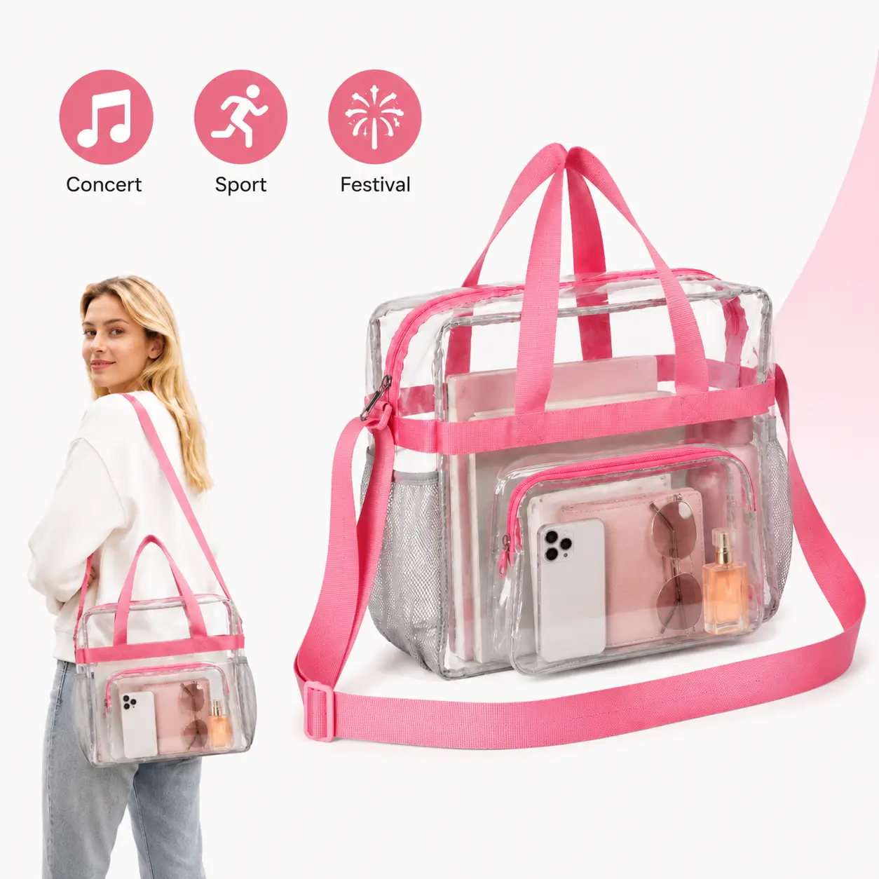 Pink Clear Stadium Bag, 12 x 6 x 12 in Transparent Tote with Adjustable Shoulder Strap, Front Zip Pocket and 2 Side Mesh Pockets for Concerts, Sports Events and Work