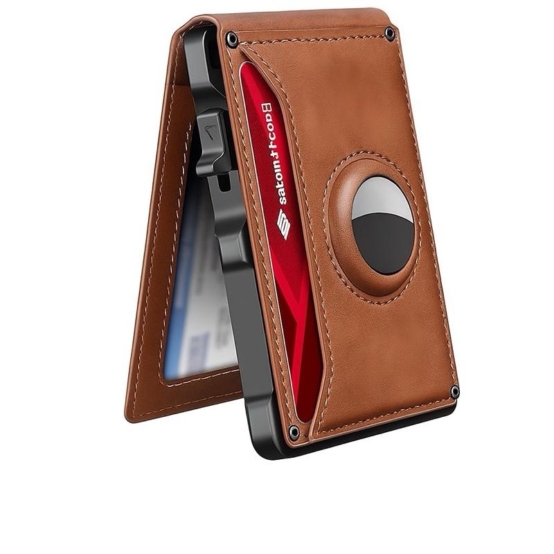 Men's Minimalist Bifold Wallet with AirTag Compartment & RFID Blocking Pop-Up Quick Access Card Holder in Brown Leather