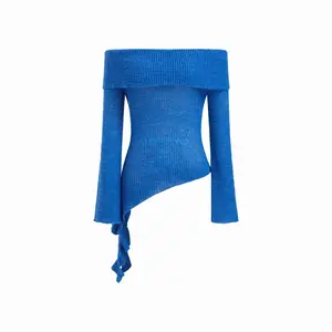 Cider Knit Wool-blend Off-shoulder Long Sleeve Ruffle Trim Asymmetrical Hem Top