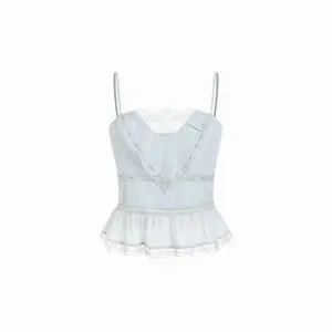 Cider Chiffon Striped Lace Trim Ruffle Hem Crop Cami Top SummerWins