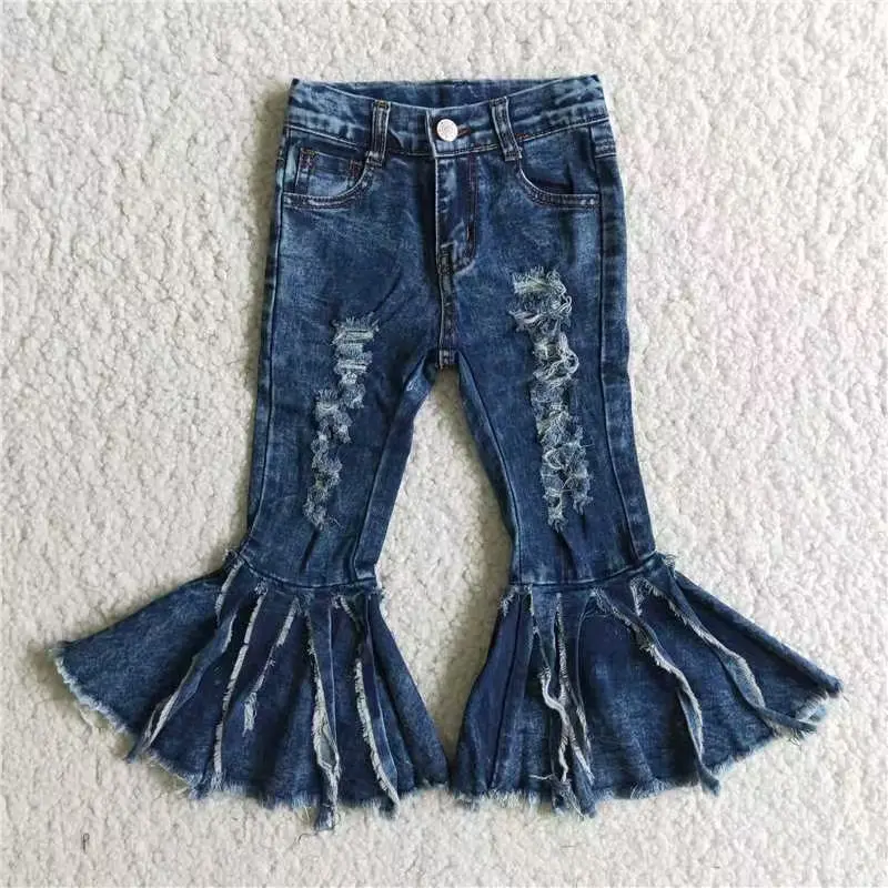 C4-23--Classic blue tassel single lace denim girls pants Girls' Wide Girls Fashion