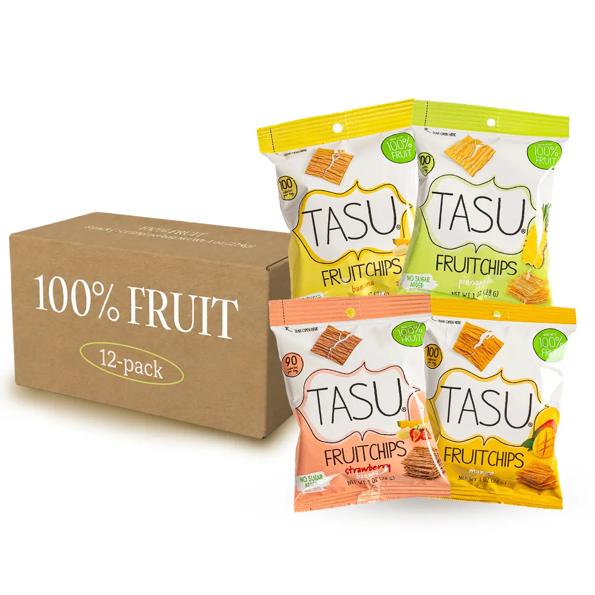 TASU Mixed Dried Fruit Chips - 100% Natural, No Sugar Added, Vegan, Gluten-Free Crunchy Snacks (Strawberry, Banana, Pineapple, Mango) - 1 oz, 12 Pack for Kids & Adults