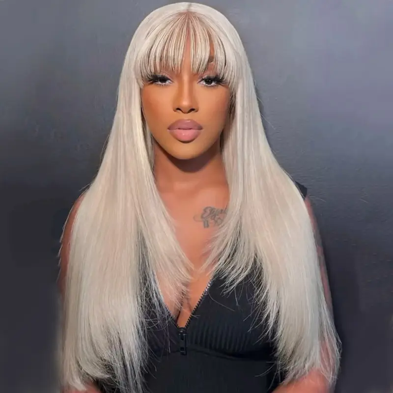 Ash Blonde Straight Lace Frontal Wig With Bang Human Hair With Bang Wigs HD Transparent Lace 13X4 Lace Front Human Hair Wig With Adjusted Bands Pre Plucked For Woman Can Be Restyled