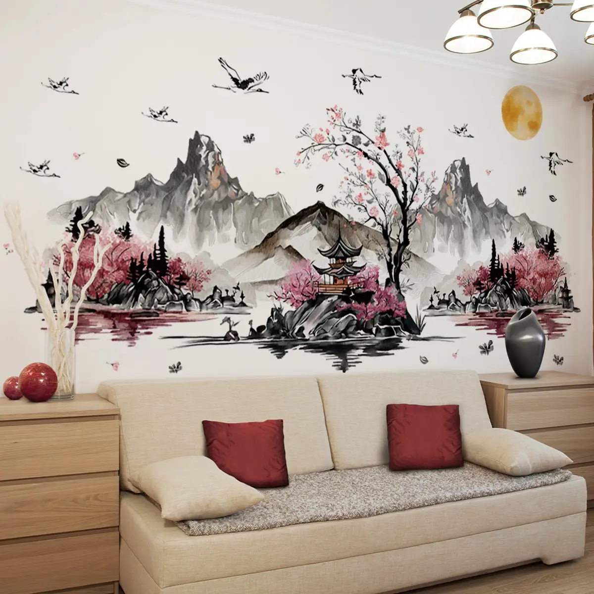 A set of four ink painting simulated landscape wall stickers, Wall Decal, for home decoration and beautification, wall sticker, self-adhesive M13603-KN