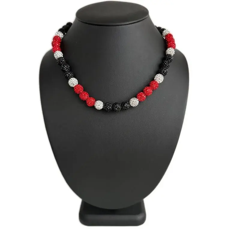 Iced Bling Disco Ball Rhinestone Crystal Bead Baseball Necklace Red Black