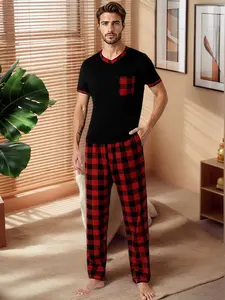 Men's Sleepwear Two-Piece Set Short Sleeve Top V-Neck Chest Pocket Long Plaid Pants with Pockets, Summer Home Wear