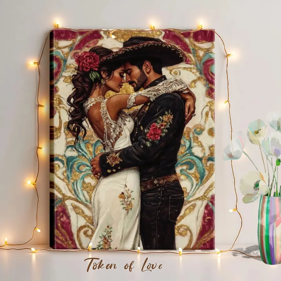 Retro Mexican Romance Charro & Adelita Wrapped Wood Framed Canvas Wall Art Photo - Waterproof Artwork, Vintage Oil Painting of Latino Couple’s Embrace, US-Made Room Decoration, Cultural Heritage Gift, Water Proof, Gifts