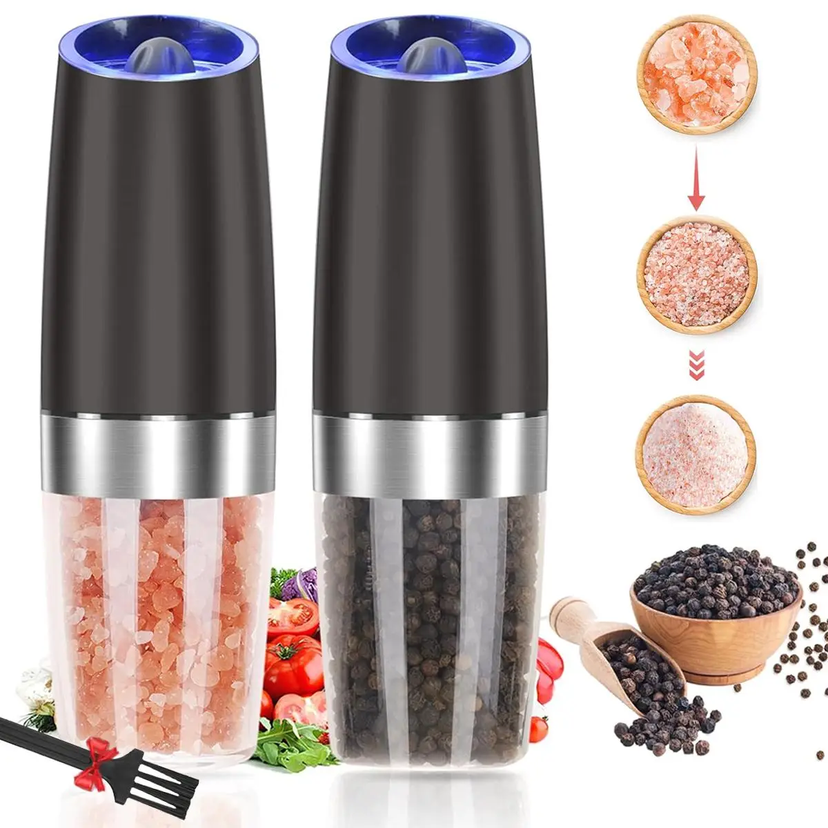 Stainless Steel Electric Pepper Grinder, 1/2 Counts Battery Powered Automatic Pepper Mill with Brush, Adjustable Coarseness Pepper Mill for Home Kitch