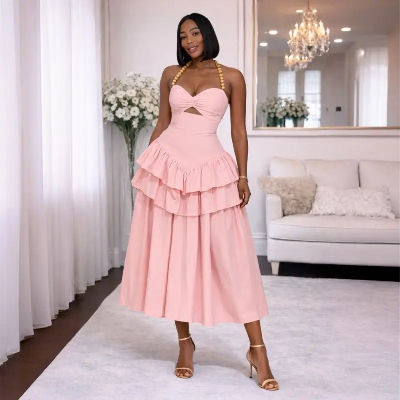 Women's Formal Fitted Sleeveless Blush Pink Adjustable Lace Corset Halter-Neck Ruffled Midi Dress Clothes, Cotton Fabric, Tiered Hip-Fit Skirt, Straps - Statement Style for Bridal & Special Occasions, Pink Dress For Women, Romantic Formal Dresses