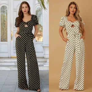 POLKADOTS BOW JUMPSUIT - SHORT RUFFLE SLEEVE - RIBBON BOW ON CHEST DETAIL - ADJUSTABLE TIE ON WAIST - SIDE POCKETS - LOOSE FLOWY FIT - ZIPPER ON THE BACK WITH STRETCH WIDE BAND