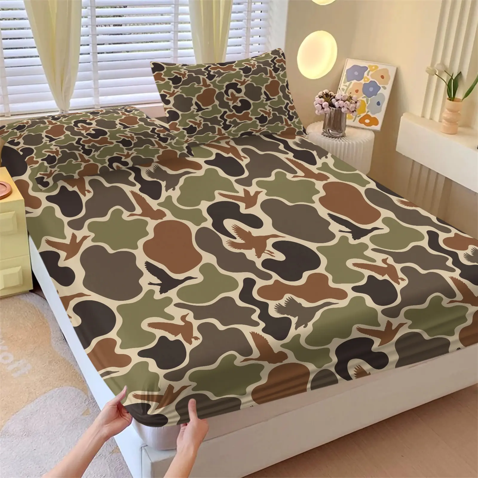3 Piece Military Style Bedding Set, Army bed sheets, Bed Sheets Set, Camouflage Printed Fitted Sheet Set, Suitable for Teenagers or Military Fans, Comfortable Soft Breathable Bedroom Decoration, Including 1 Fitted Sheet and 2 Pillowcase