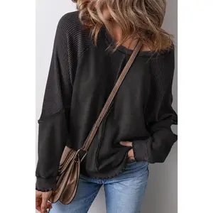 Black Solid Waffle Knit Patchwork Raglan Sleeve Sweatshirt Womens Wool Blended Cropped Cardigan comfortable casual sweatshirt season fall sweatshirt sweaters  women mama hoodie