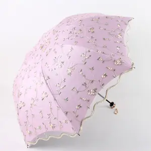 Vintage Pastel Lace Flower Embroidery Umbrella, 1 Count Manual Folding Portable Rain Umbrella, Sunshade Umbrella for Outdoor Activities, Home Supplies