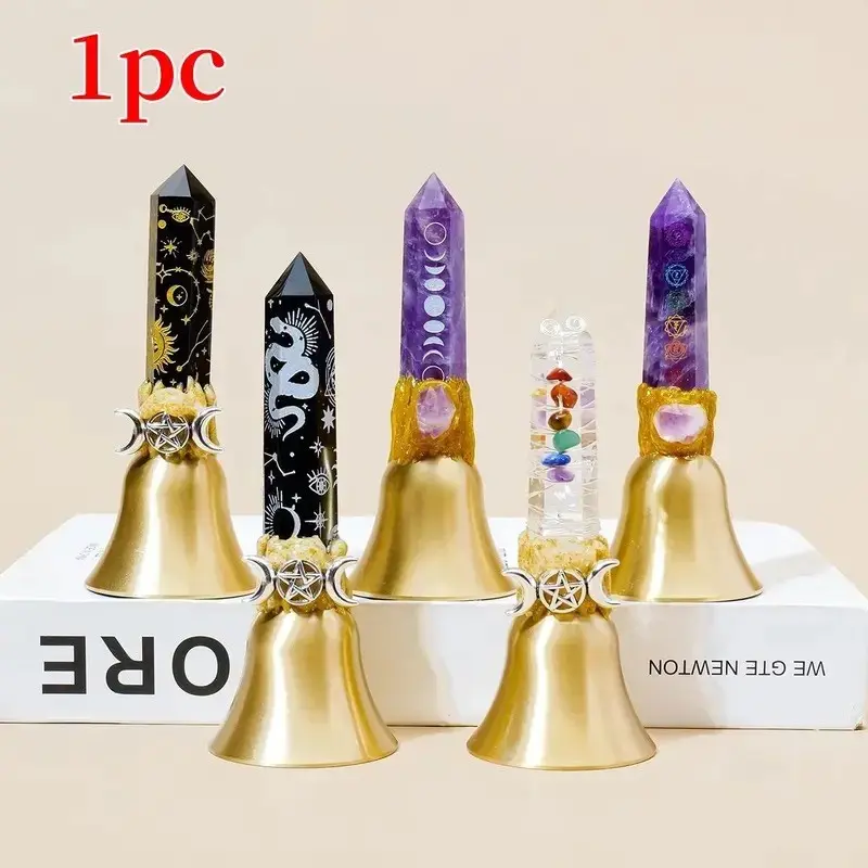 Natural Crystal Point Brass Bell, Chakra Healing Crystals, Amethyst Energy Cleansing Copper Bell, Home Decor, Christmas & Spiritual Gift, Decorations, Crystal Ornaments, Hand Selected Crystals, Unique Crystal Design, Intuitively Chosen Crystals, 1pc