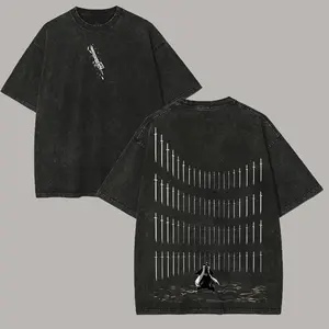 Unisex Bleach Printed Washed T-Shirt, Baggy Oversized Figures Men's Casual Top