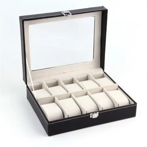10-Compartment High-Grade PU Leather Watch Jewelry Box - Portable Bedroom Home Organizer with Pearl Fleece Lining, Simple Design for Wristwatch Storage & Jewelry Organization, Durable Watchbox