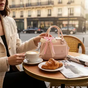 Bow Decor Top Handle Satchel - Mini PU Leather Cute Bag with Plain Pattern and Imported Design