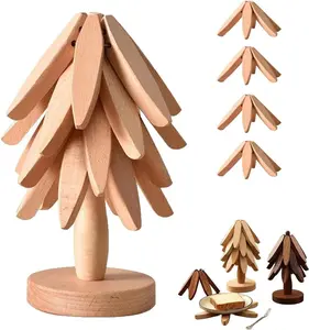 Natural Foldable Black Walnut Wooden Trivet Set - 4 Trivets + 1 Stand for Hot Dishes, Pot, Bowl, Teapot, Hot Pot Holders,Wooden Trivets Tree for Hot Dishes, Set of 4 Wood Coaster for Hot Pots and Pans, Christmas Kitchen Decor for Family Members