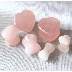 PAIR Heart Shaped Rose Quartz Stone Plugs Gauges Earlets Tunnels Body Jewelry