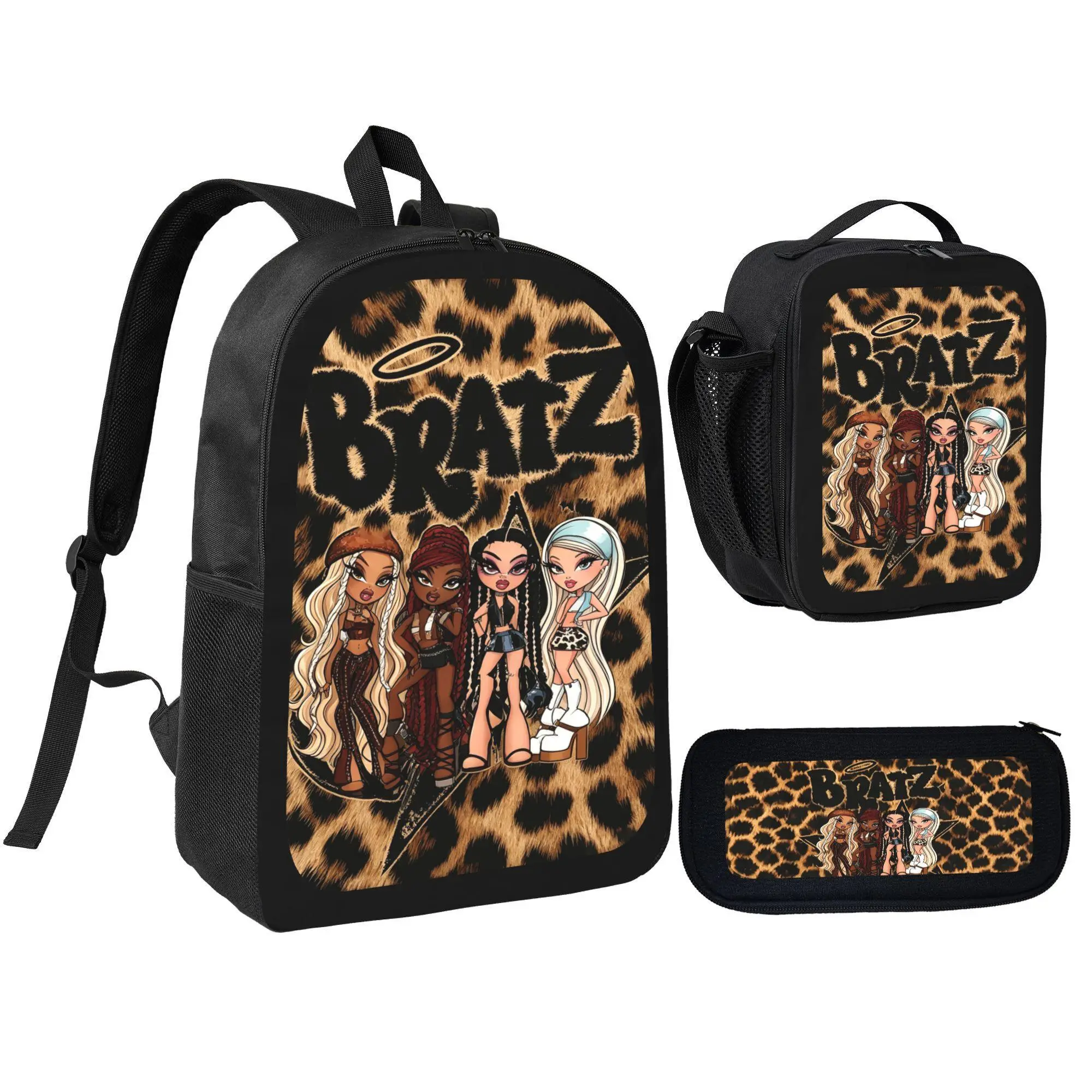 Bratz Girls' Leopard Graphic Print 3-in-1 Compact Backpack Set, Back to School Bag with Insulated Lunch Bag, Pencil Case, Adjustable Straps, Lightweight Fabric