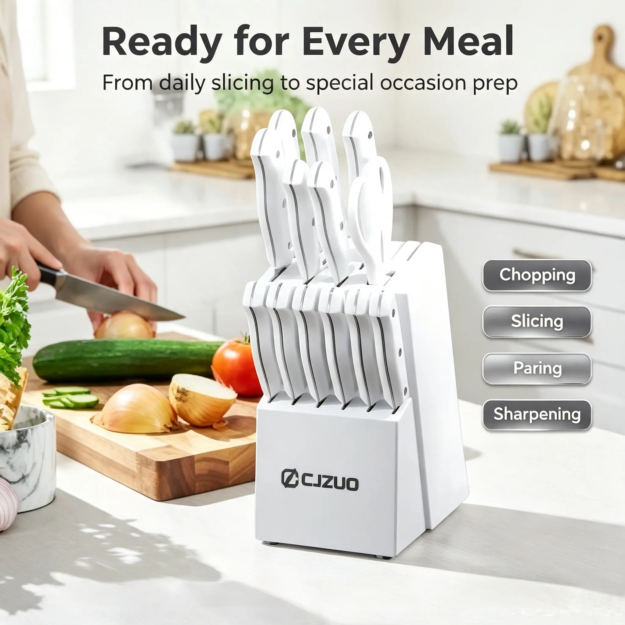 15-Piece Forged High Carbon Stainless Steel Knife Set with Wood Block, Cream Rust-Resistant Razor-Sharp Blades, Triple-Riveted Ergonomic Non-Slip Handles, Long-Lasting Sharpness