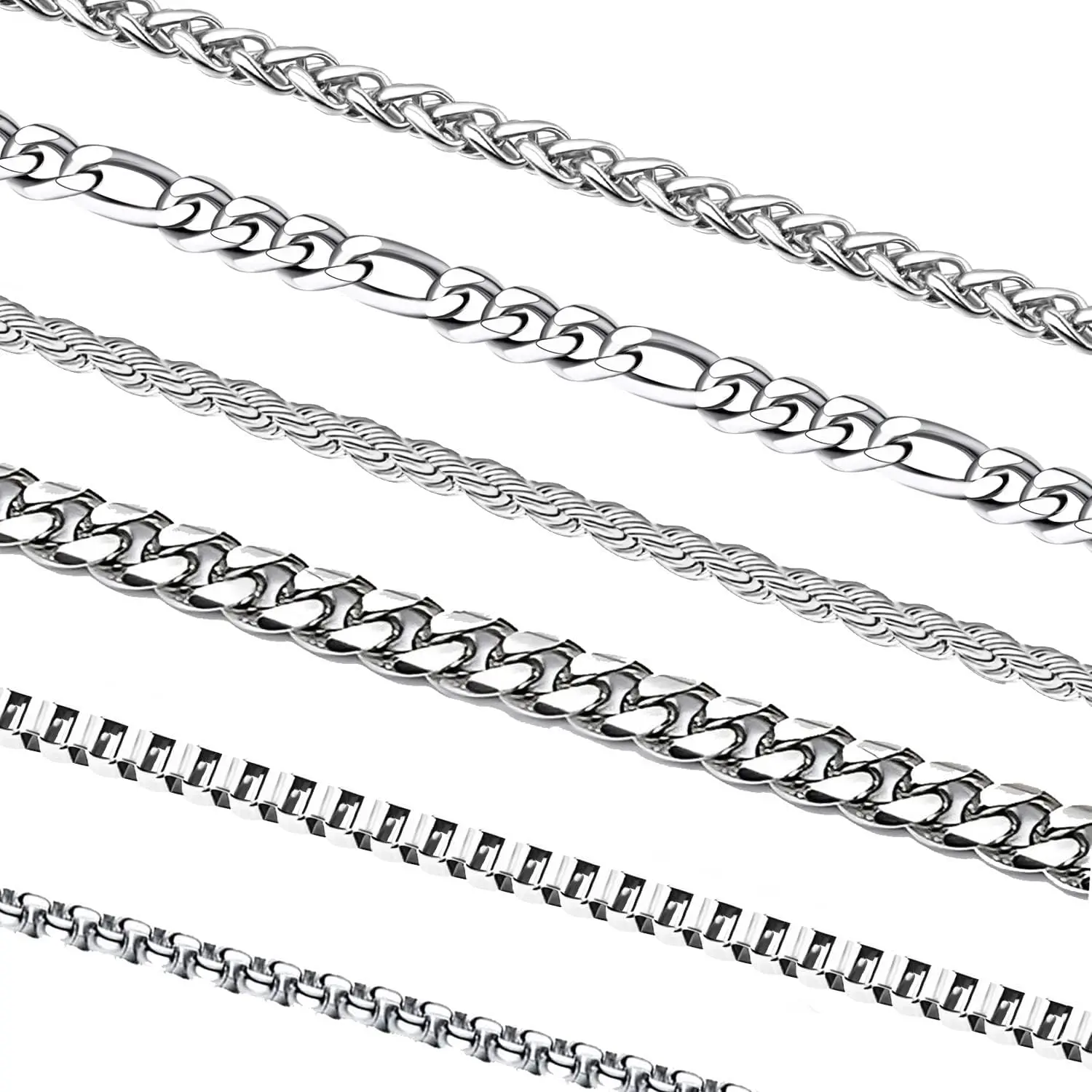 Unisex Hypoallergenic Stainless Steel Necklace Set (6 Pcs, 20 in) - Cuban Link, Rope, Box, Figaro, Square Rolo, Wheat Chains - Casual Trendy Jewelry, Daily Wear, Gift for Classic T Shirts & Unisex Clothes