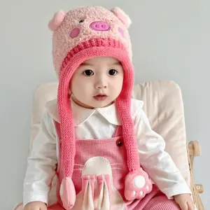 Cute cartoon plush bear and pig knitted hat, windproof, warm, and with ear flaps, perfect for autumn and winter.