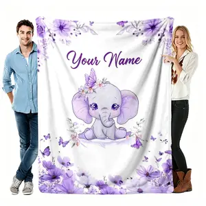 Personalized Elephant Throw Blanket, Purple Floral Custom Name Flannel Blanket, Soft Cozy Warm Throw, Watercolor Baby Shower Design, Gift for Newborn Girl Daughter, Nursery Kids Room Crib Stroller Decor (Remarks/Message)