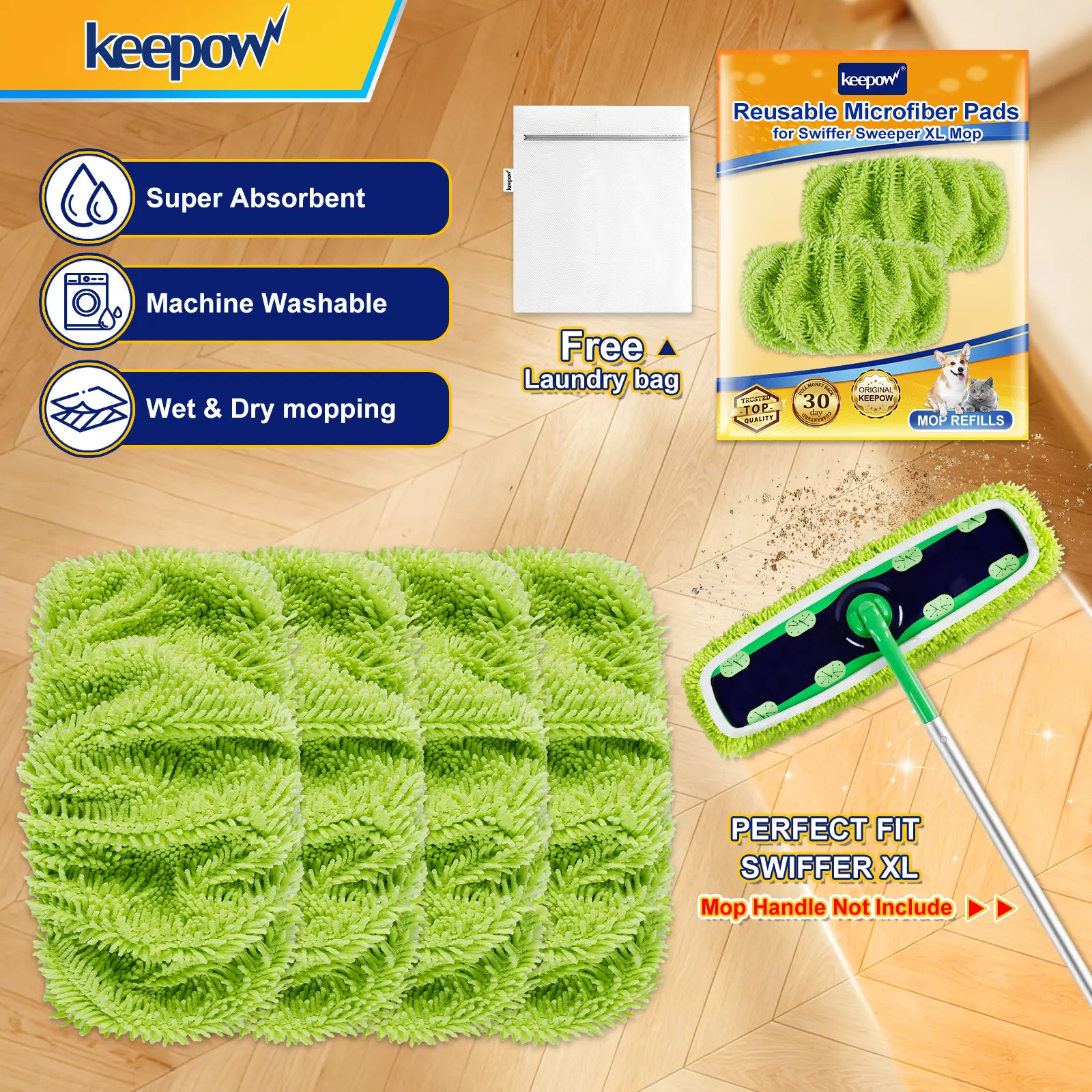 KEEPOW Reusable Microfiber Chenilles Pads for Swiffer XL, All 17*5 Inches Flat Mop 4/2 Pcs(mop is not include)