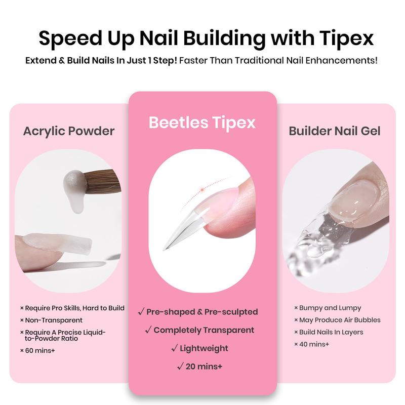Beetles Tipex Instant Apex Nail Extension Tips Kit - with Jelly Gel Polish Base Gel Top Coat Cuticle Oil Almond Shape Thick Acrylic Nail Flat Nails Manicure Gel press ons Nail Art DIY Nails Art  Nail Glue Spring Nail Valentine Gift Flower