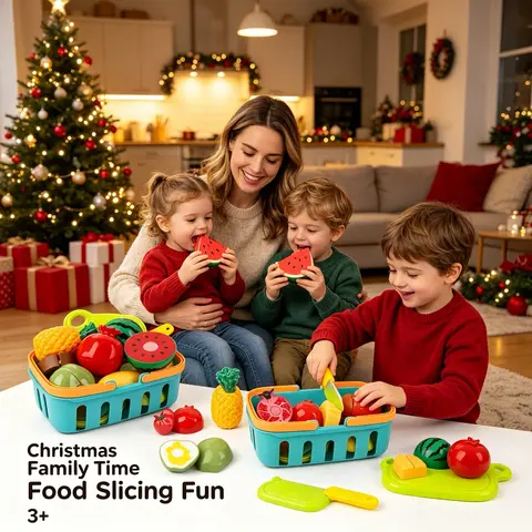 Vowmoon Pretend Play Cutting Food Toy Set for Kids, Cuttable Kitchen Playset with Free Deluxe Storage Gift Basket, Educational Role Play Toy, Ideal Birthday & Christmas Gift for Toddlers Boys Girls Ages 3+