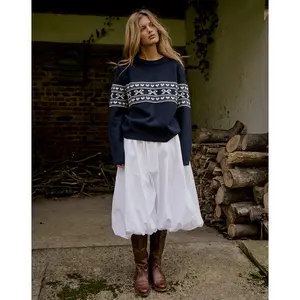 Motelrocks Namirta Fairisle Bow Knitted Jumper for Women, Oversized Long Sleeve Fit in Peacoat