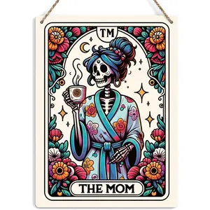 Funny Tarot Card Rustic Wooden Hanging Sign - Decorative Hangable Decoration, Mom Witchy Gift with Skeleton Witch & Witchcraft Supplies, Farmhouse Home Office Entryway Decor