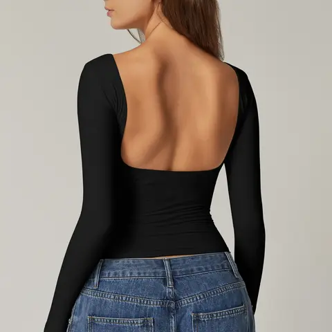 QINSEN Women's Sexy Open Back Long Sleeve Shirts High Neck Double Lined Tees Fitted Going Out Tops