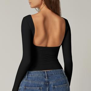 QINSEN Women's Sexy Open Back Long Sleeve Shirts High Neck Double Lined Tees Fitted Going Out Tops