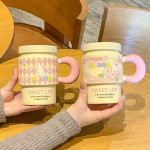 Ceramic Mug Set with Lid and Handle, Couple Gift Cup, Home Coffee Tea Cup, Perfect for Christmas Halloween Holiday Gifts