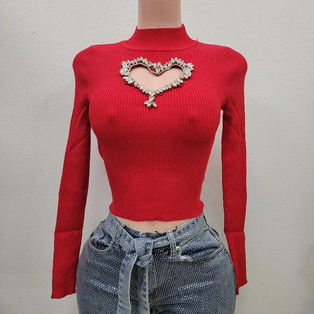 Women's Red and White Long-Sleeve Shirt with Crystal Heart Cutout
