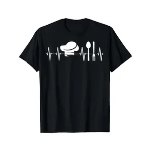 Funny Chef Heartbeat Pattern T-Shirt - Black and White Kitchen Design - Soft and breathable cotton round-neck top, suitable for chefs and home cooking enthusiasts - Machine washable gift for foodies, casual and comfortable style